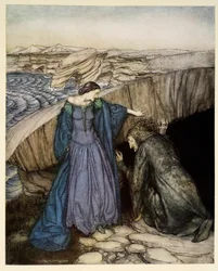 Merlin und Nimue, Illustration aus „Die Romanze von König Artus und seinen Rittern der Tafelrunde“ von Alfred W. Pollard, 1910